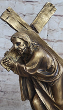 Jesus Christ Carrying Cross Crucifix Passion Cold Cast Bronzed Resin Sculpture Figurine