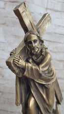Jesus Christ Carrying Cross Crucifix Passion Cold Cast Bronzed Resin Sculpture Figurine