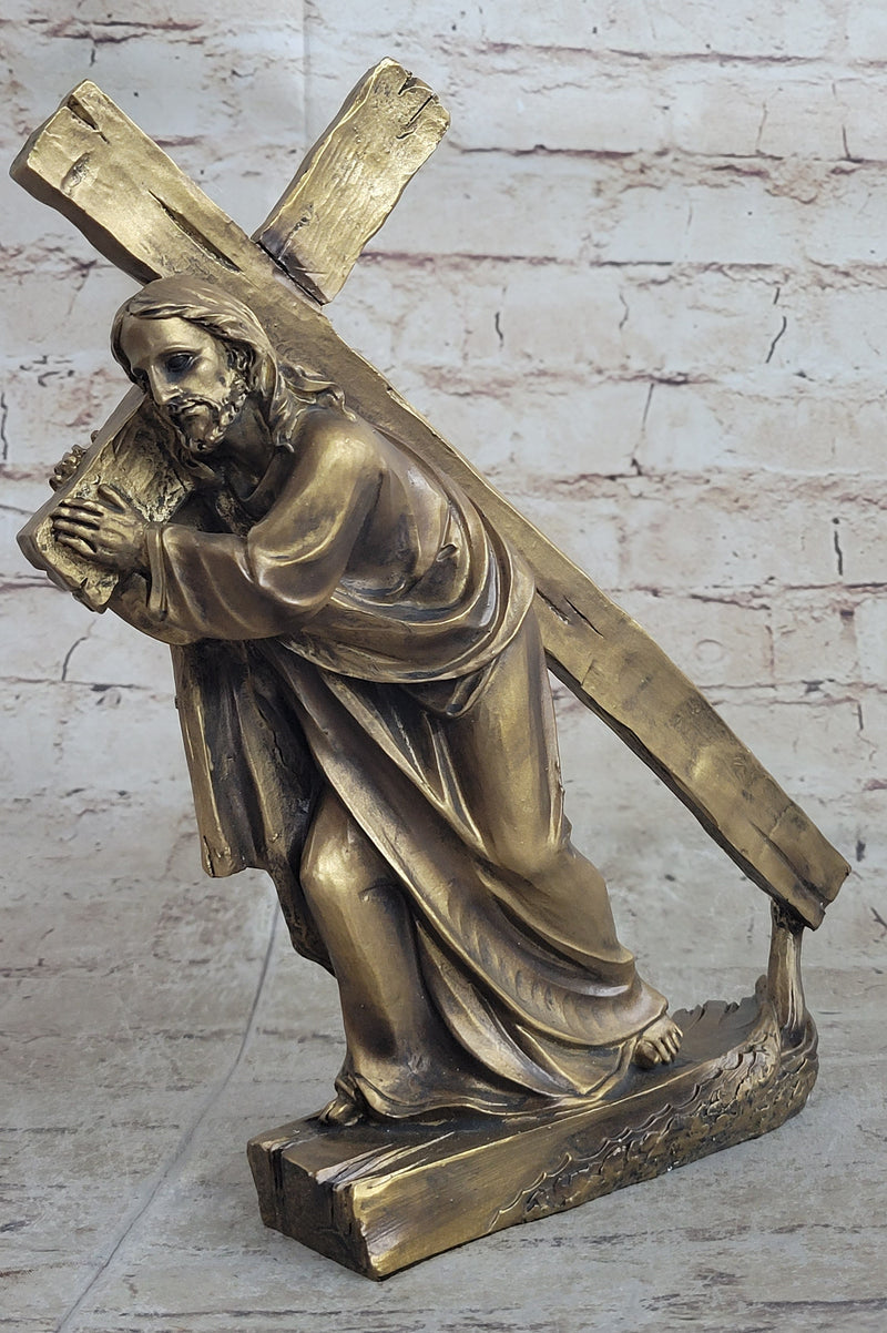 Jesus Christ Carrying Bearing Cross Crucifix Passion Cold Cast Bronzed Resin Sculpture Figurine Statue