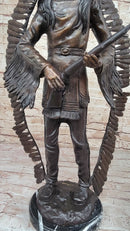 Native American Indian Warrior w/ Rifle Bronze Statue Sculpture Western Decor