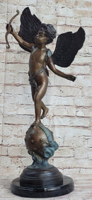 Cupid w/ Bow Winged Angel Boy Bronze Sculpture Statue Nude Figure on Marble Base