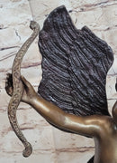Cupid w/ Bow Winged Angel Boy Bronze Sculpture Statue Nude Figure on Marble Base