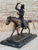 Will Rogers Solid Bronze C.M. Russell Bronze Cowboy Riding Horse Art Statue 16" x 17"