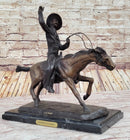 Will Rogers Solid Bronze C.M. Russell Bronze Cowboy Riding Horse Art Statue 16" x 17"