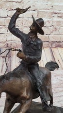Will Rogers Solid Bronze C.M. Russell Bronze Cowboy Riding Horse Art Statue 16" x 17"