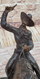 Will Rogers Solid Bronze C.M. Russell Bronze Cowboy Riding Horse Art Statue 16" x 17"