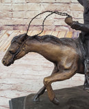 Will Rogers Solid Bronze C.M. Russell Bronze Cowboy Riding Horse Art Statue 16" x 17"