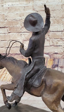Will Rogers Solid Bronze C.M. Russell Bronze Cowboy Riding Horse Art Statue 16" x 17"