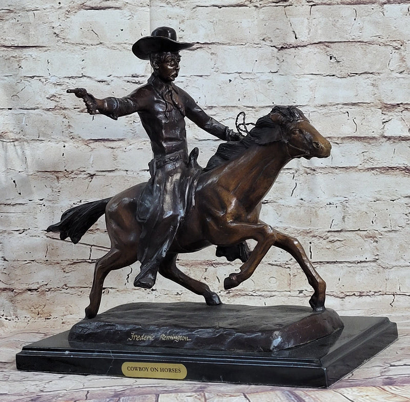 Frederic Remington Bronze Sculpture Cowboy on Horse Western Art Old We