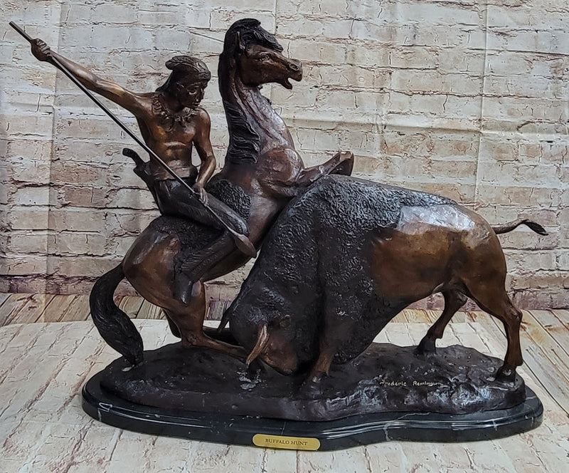 Frederic Remington Buffalo Hunt Bronze Sculpture Statue Native America