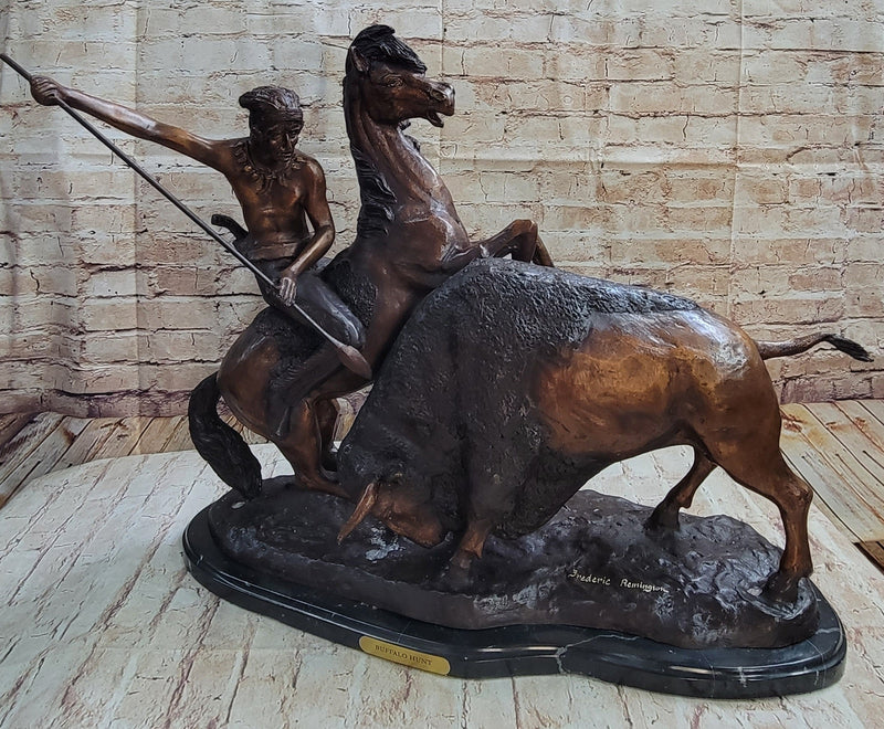 Frederic Remington Buffalo Hunt Bronze Sculpture Statue Native America