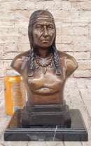 Bronze Bust Native American Indian w/ Braided Hair Statue on Marble Base 12" x 7"