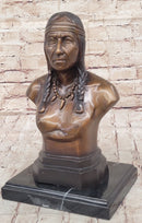 Bronze Bust Native American Indian w/ Braided Hair Statue on Marble Base 12" x 7"