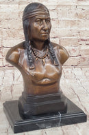 Bronze Bust Native American Indian w/ Braided Hair Statue on Marble Base 12" x 7"