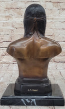 Bronze Bust Native American Indian w/ Braided Hair Statue on Marble Base 12" x 7"