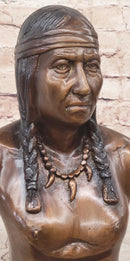 Bronze Bust Native American Indian w/ Braided Hair Statue on Marble Base 12" x 7"