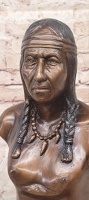 Bronze Bust Native American Indian w/ Braided Hair Statue on Marble Base 12" x 7"