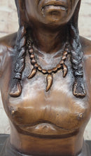 Bronze Bust Native American Indian w/ Braided Hair Statue on Marble Base 12" x 7"