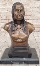 Bronze Bust Native American Indian w/ Braided Hair Statue on Marble Base 12" x 7"