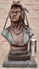 Native American Indian in Wolf Headdress Bronze Bust Statue Sculpture 14" x 8"