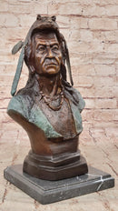 Native American Indian in Wolf Headdress Bronze Bust Statue Sculpture 14" x 8"
