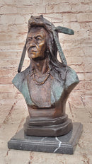 Native American Indian in Wolf Headdress Bronze Bust Statue Sculpture 14" x 8"