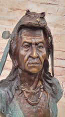 Native American Indian in Wolf Headdress Bronze Bust Statue Sculpture 14" x 8"