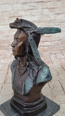 Native American Indian in Wolf Headdress Bronze Bust Statue Sculpture 14" x 8"