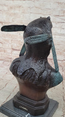 Native American Indian in Wolf Headdress Bronze Bust Statue Sculpture 14" x 8"