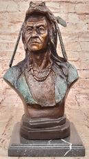 Native American Indian in Wolf Headdress Bronze Bust Statue Sculpture 14" x 8"