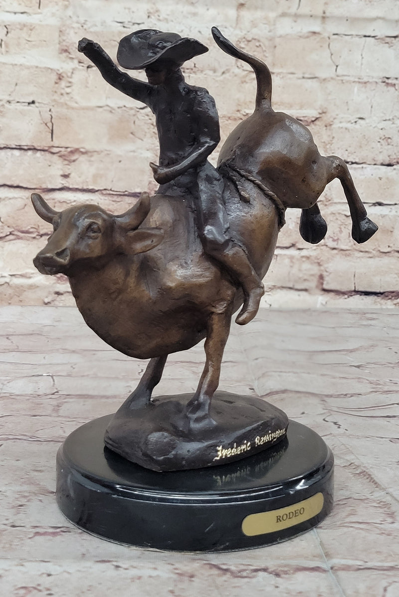 RODEO Bull Rider Cowboy Bronze Statue Sculpture Marble Base Western Decor 9" x 9"