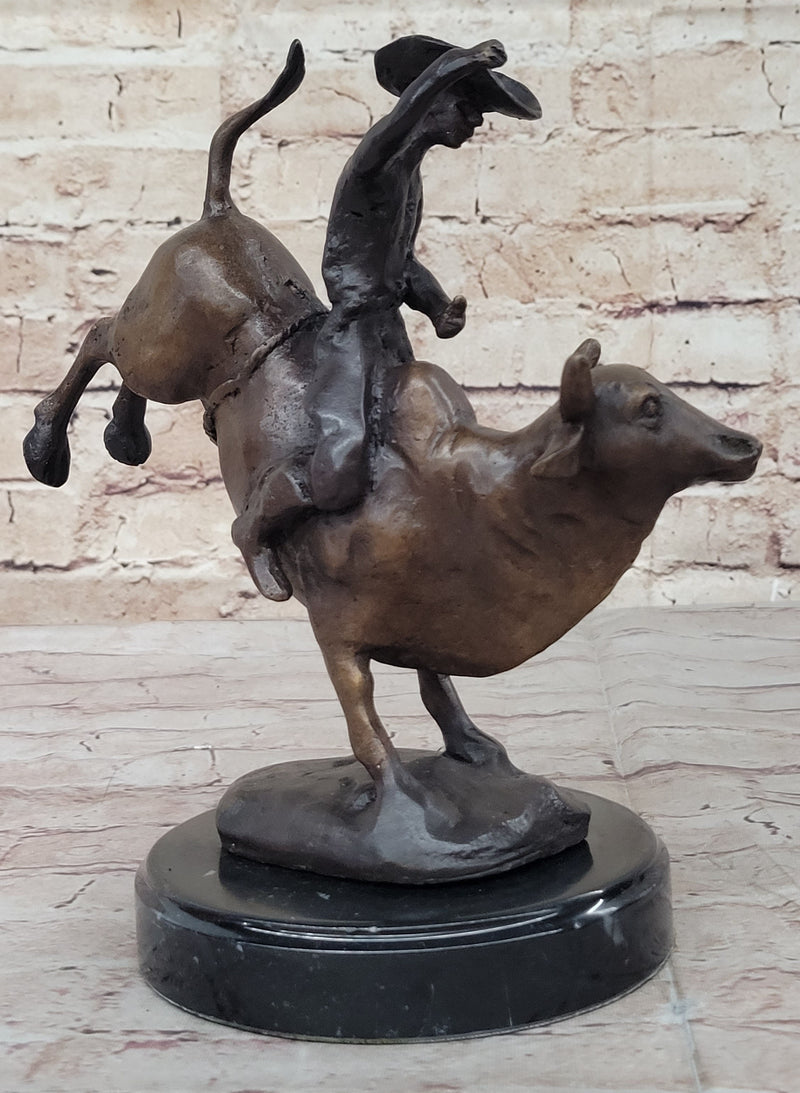 RODEO Bull Rider Cowboy Bronze Statue Sculpture Marble Base Western Decor 9" x 9"