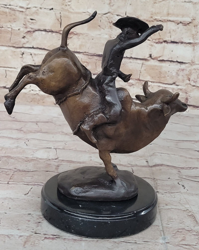 RODEO Bull Rider Cowboy Bronze Statue Sculpture Marble Base Western Decor 9" x 9"