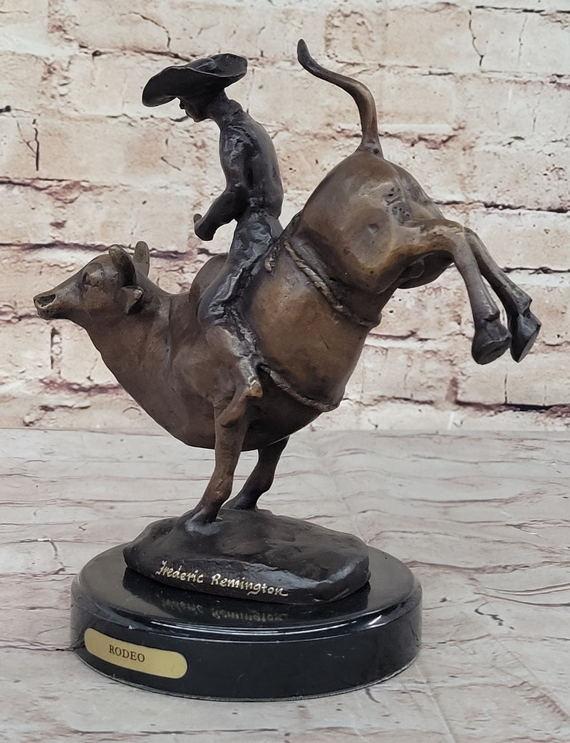 RODEO Bull Rider Cowboy Bronze Statue Sculpture Marble Base Western Decor 9" x 9"