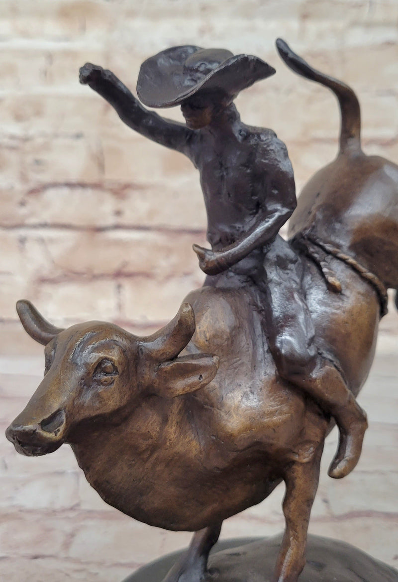 RODEO Bull Rider Cowboy Bronze Statue Sculpture Marble Base Western Decor 9" x 9"