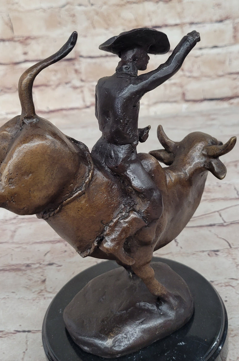 RODEO Bull Rider Cowboy Bronze Statue Sculpture Marble Base Western Decor 9" x 9"