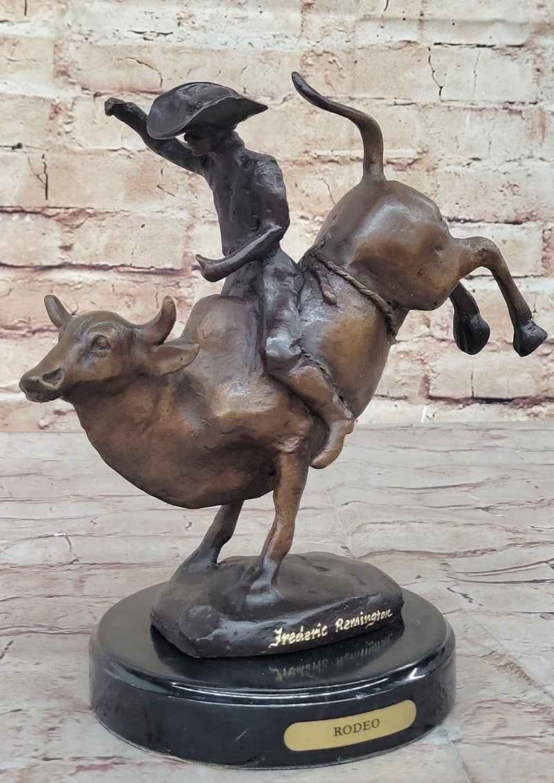 RODEO Bull Rider Cowboy Bronze Statue Sculpture Marble Base Western Decor 9" x 9"