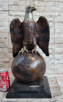 American Bald Eagle Perched on Globe Planet Earth Bronze Statue Sculpture Art