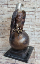 American Bald Eagle Perched on Globe Planet Earth Bronze Statue Sculpture Art