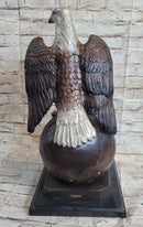 American Bald Eagle Perched on Globe Planet Earth Bronze Statue Sculpture Art