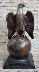 American Bald Eagle Perched on Globe Planet Earth Bronze Statue Sculpture Art