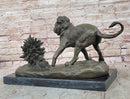 Lion vs. Porcupine Bronze Statue Sculpture Wildlife Art Decor on Marble Base