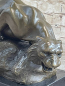 Sabre Tooth Tiger Lion Panther Bronze Sculpture Statue on Marble Base
