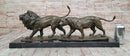 Bronze Lion and Lioness Sculpture in Striding Pose on Marble Base