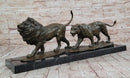 Bronze Lion and Lioness Sculpture in Striding Pose on Marble Base