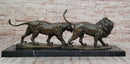 Bronze Lion and Lioness Sculpture in Striding Pose on Marble Base