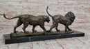 Bronze Lion and Lioness Sculpture in Striding Pose on Marble Base