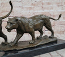Bronze Lion and Lioness Sculpture in Striding Pose on Marble Base