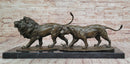Bronze Lion and Lioness Sculpture in Striding Pose on Marble Base