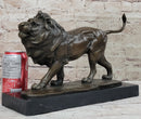 Walking Lion Bronze Sculpture Statue Figure on Marble Base Signed Milo